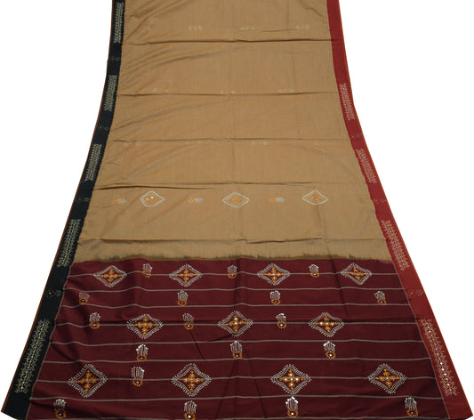 Sushila Vintage Indian Brown Saree Blend Cotton Woven Sari Craft Sari Fabric