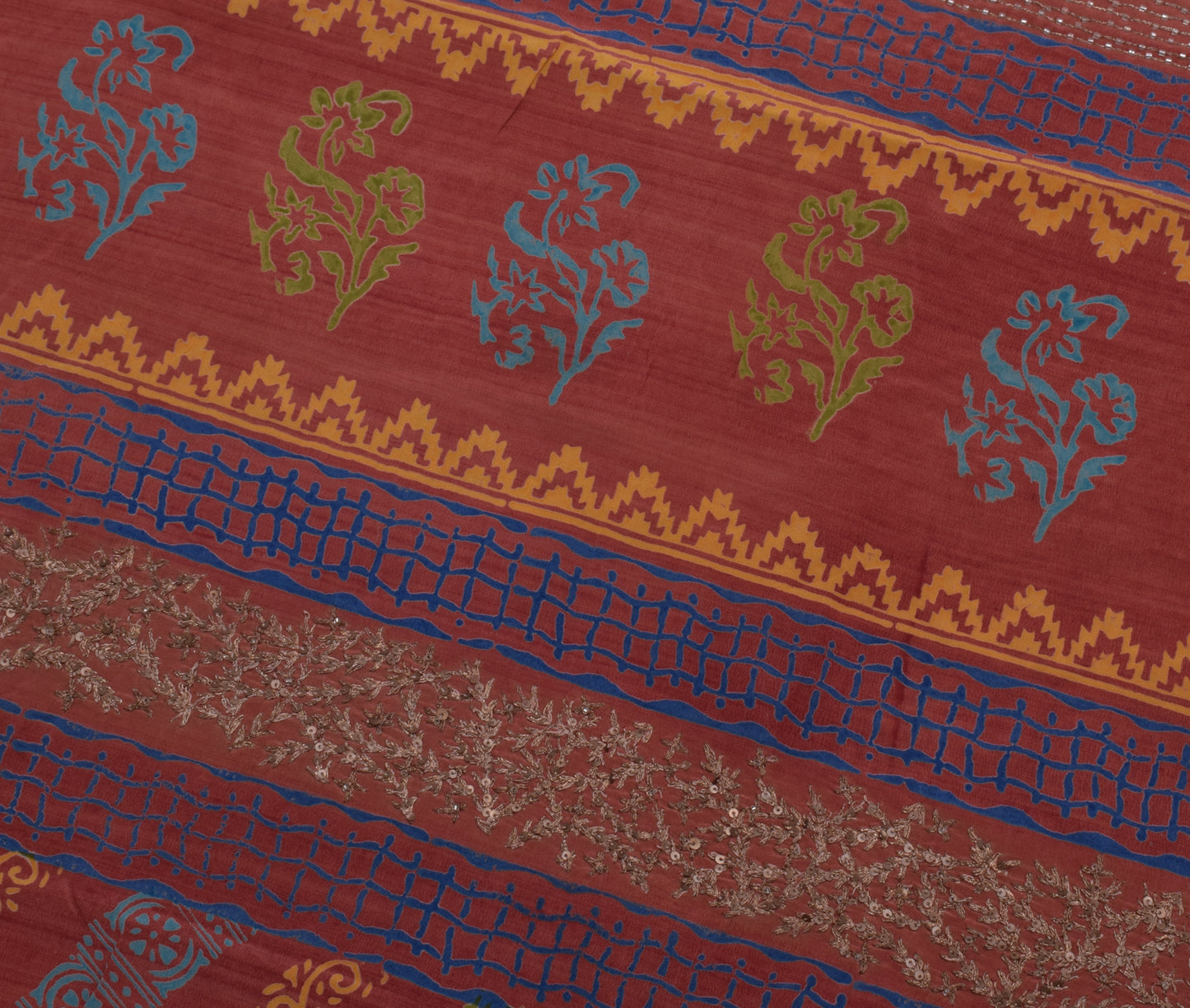Sushila Vintage Indian Saree Pure Crepe Silk Printed Floral Sari Craft Fabric