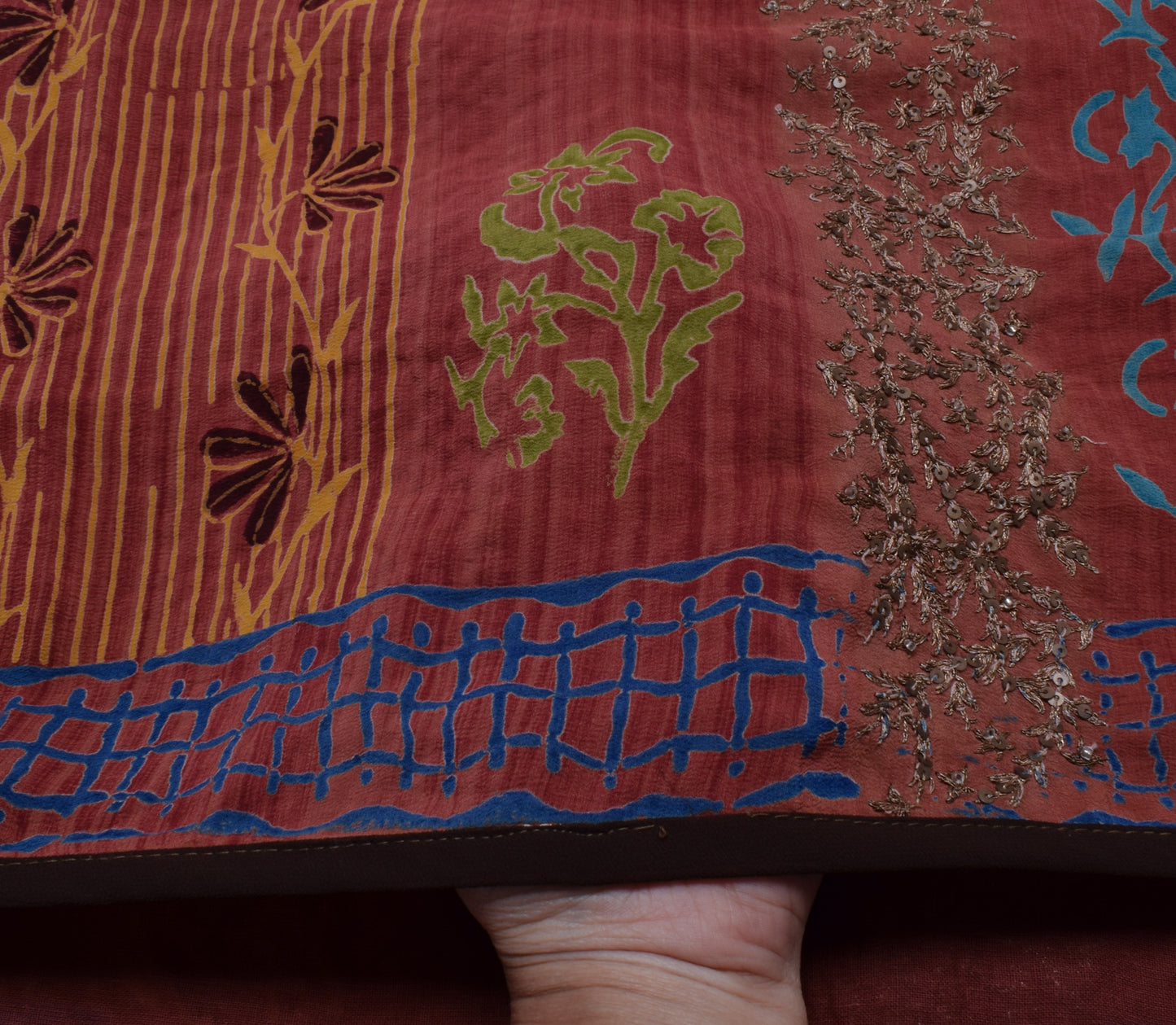 Sushila Vintage Indian Saree Pure Crepe Silk Printed Floral Sari Craft Fabric