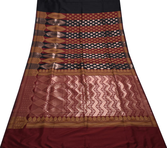 Sushila Vintage Indian Black Saree Blend Silk All Over Woven Sari Craft Fabric