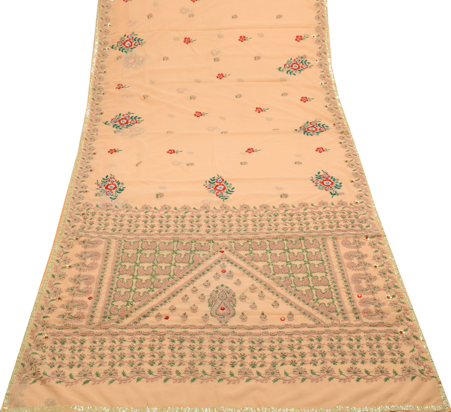 Sushila Vintage Peach Saree Blend Georgette Silk Hand Embroidered Sari Fabric