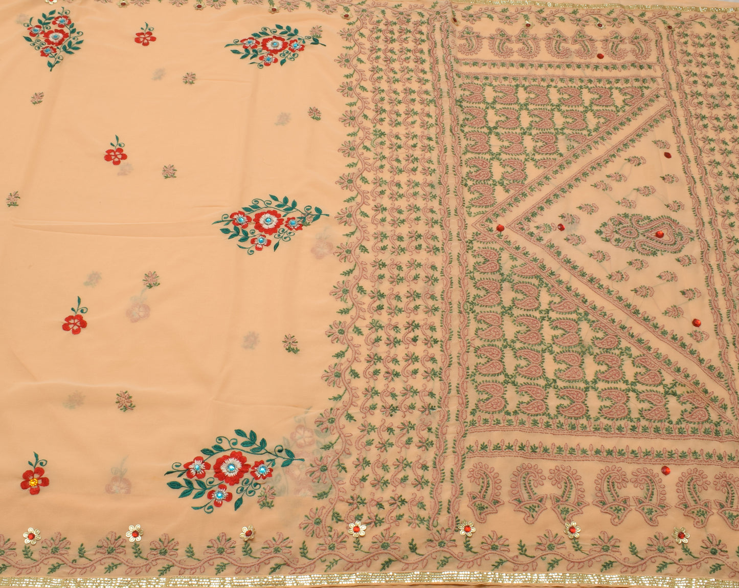Sushila Vintage Peach Saree Blend Georgette Silk Hand Embroidered Sari Fabric