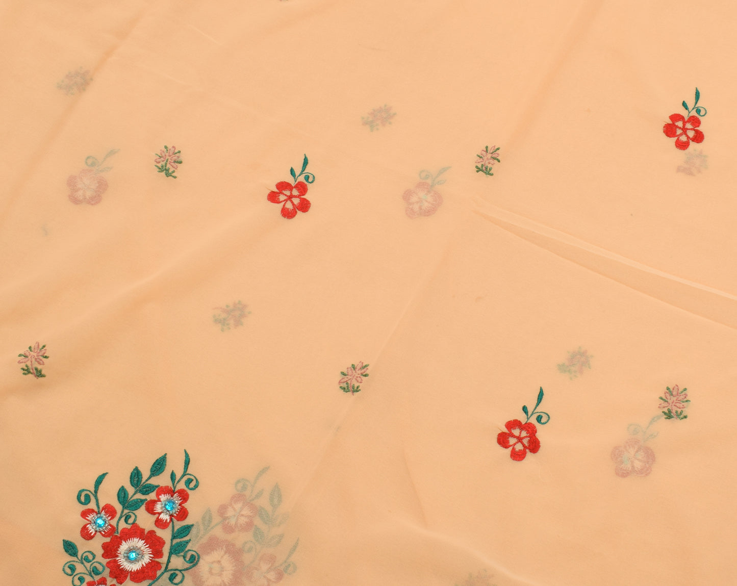 Sushila Vintage Peach Saree Blend Georgette Silk Hand Embroidered Sari Fabric