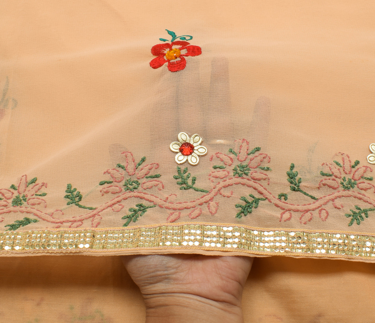 Sushila Vintage Peach Saree Blend Georgette Silk Hand Embroidered Sari Fabric