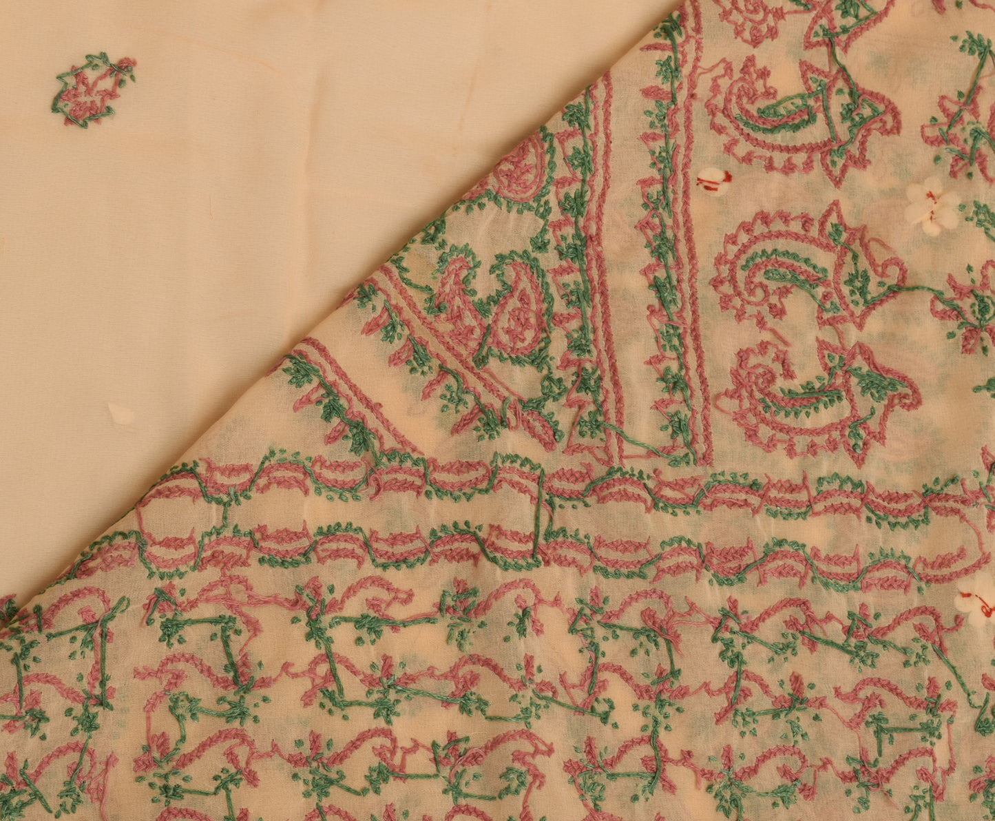 Sushila Vintage Peach Saree Blend Georgette Silk Hand Embroidered Sari Fabric