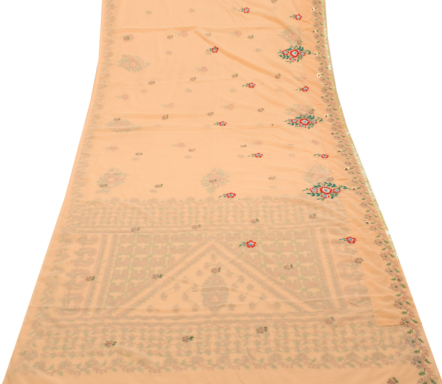 Sushila Vintage Peach Saree Blend Georgette Silk Hand Embroidered Sari Fabric