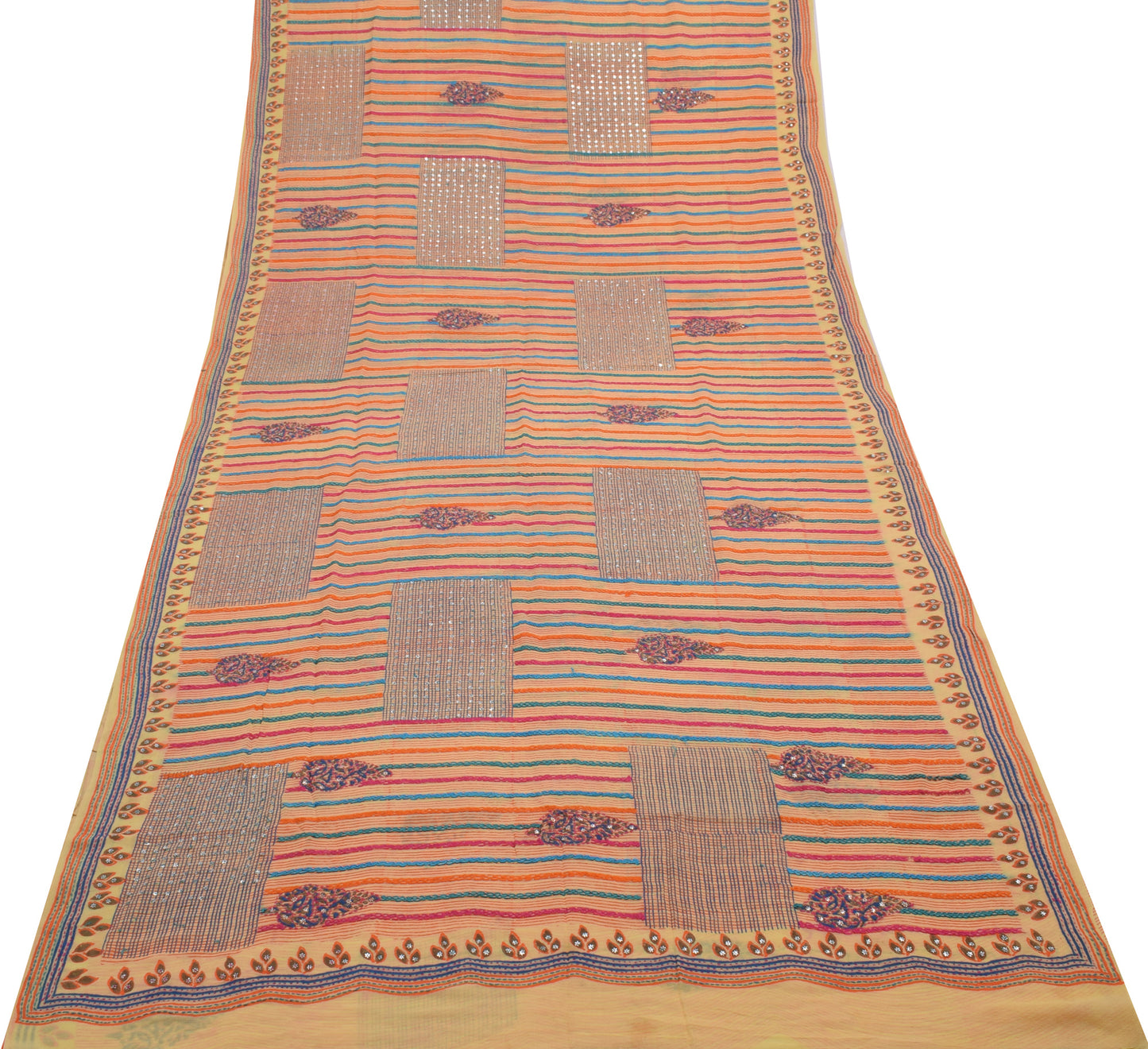 Sushila Vintage Yellow Saree Pure Georgette Hand Embroidered Floral Sari Fabric