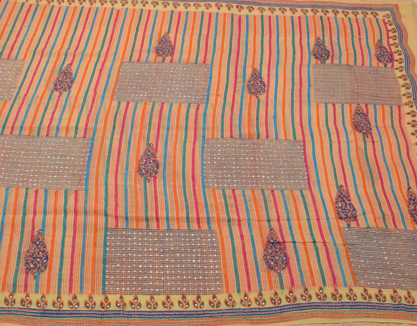 Sushila Vintage Yellow Saree Pure Georgette Hand Embroidered Floral Sari Fabric