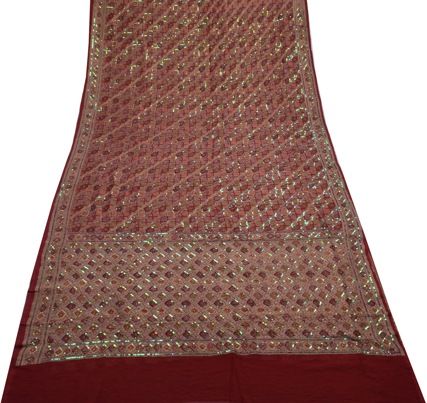 Sushila Vintage HEAVY Maroon Saree Pure Georgette Woven Sequin Embellish Sari Craft Fabric