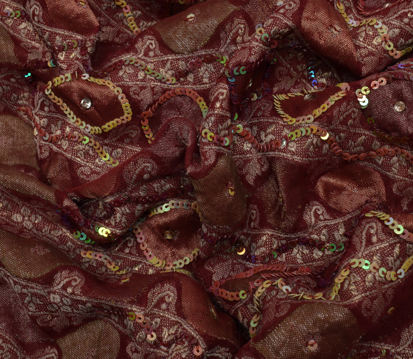 Sushila Vintage HEAVY Maroon Saree Pure Georgette Woven Sequin Embellish Sari Craft Fabric