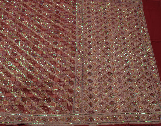 Sushila Vintage HEAVY Maroon Saree Pure Georgette Woven Sequin Embellish Sari Craft Fabric