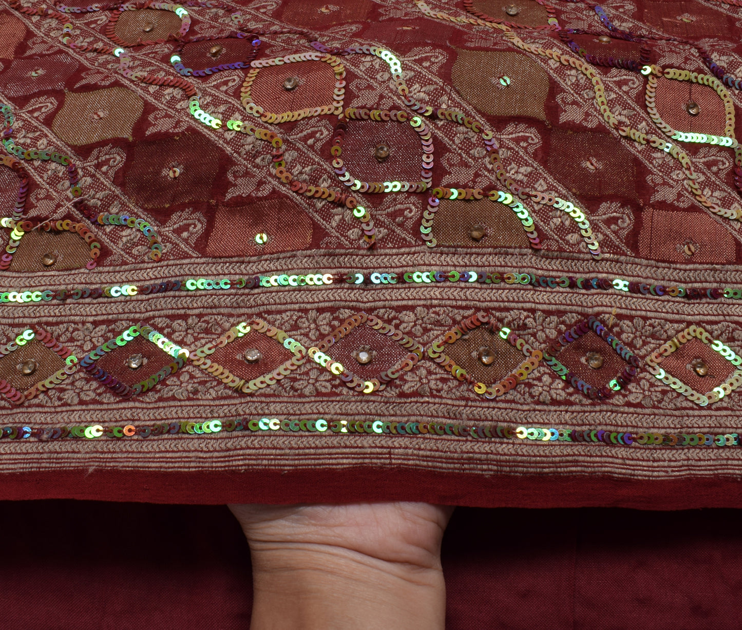 Sushila Vintage HEAVY Maroon Saree Pure Georgette Woven Sequin Embellish Sari Craft Fabric
