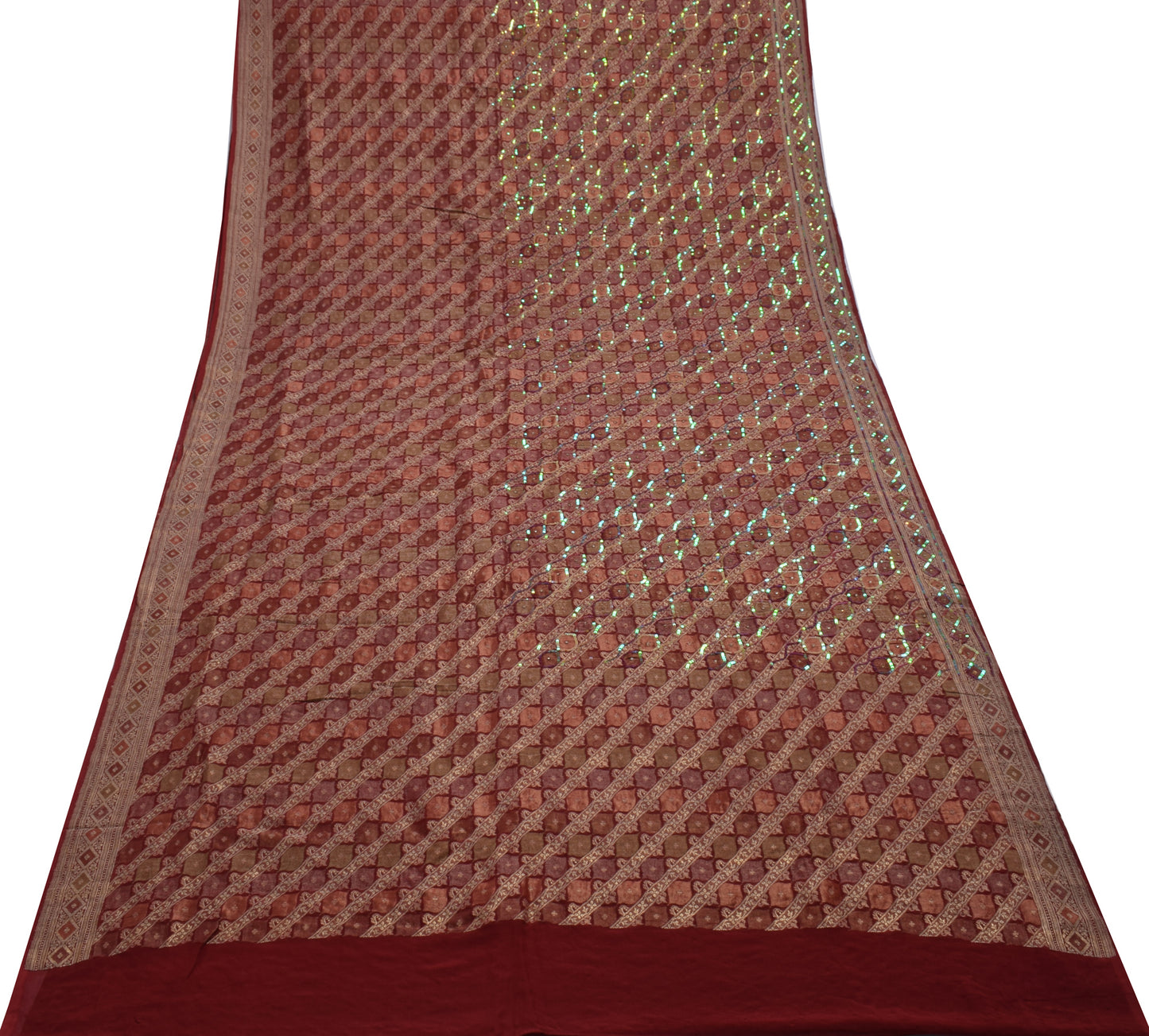 Sushila Vintage HEAVY Maroon Saree Pure Georgette Woven Sequin Embellish Sari Craft Fabric