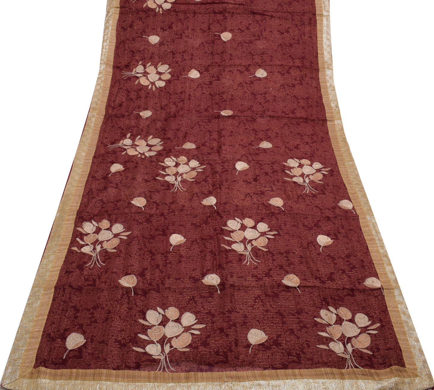 Sushila Vintage Maroon Saree Blend Cotton Printed & Embroidered Sari Fabric