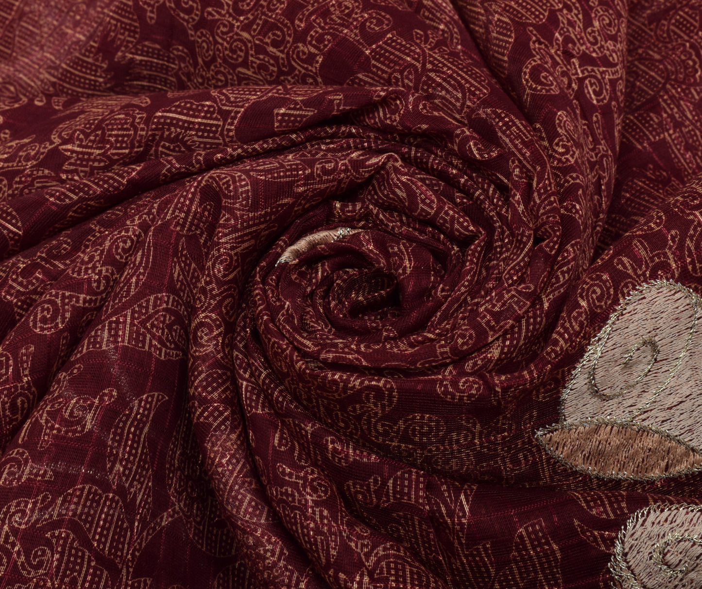 Sushila Vintage Maroon Saree Blend Cotton Printed & Embroidered Sari Fabric