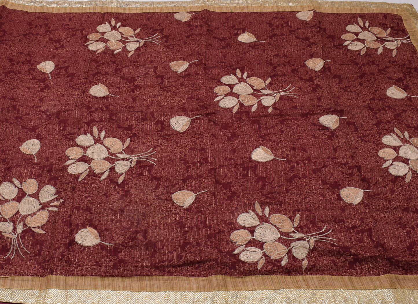 Sushila Vintage Maroon Saree Blend Cotton Printed & Embroidered Sari Fabric