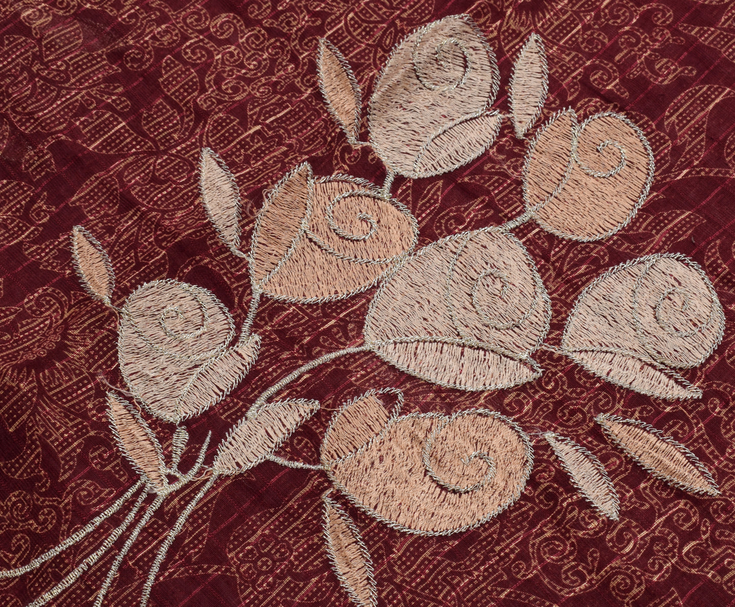 Sushila Vintage Maroon Saree Blend Cotton Printed & Embroidered Sari Fabric