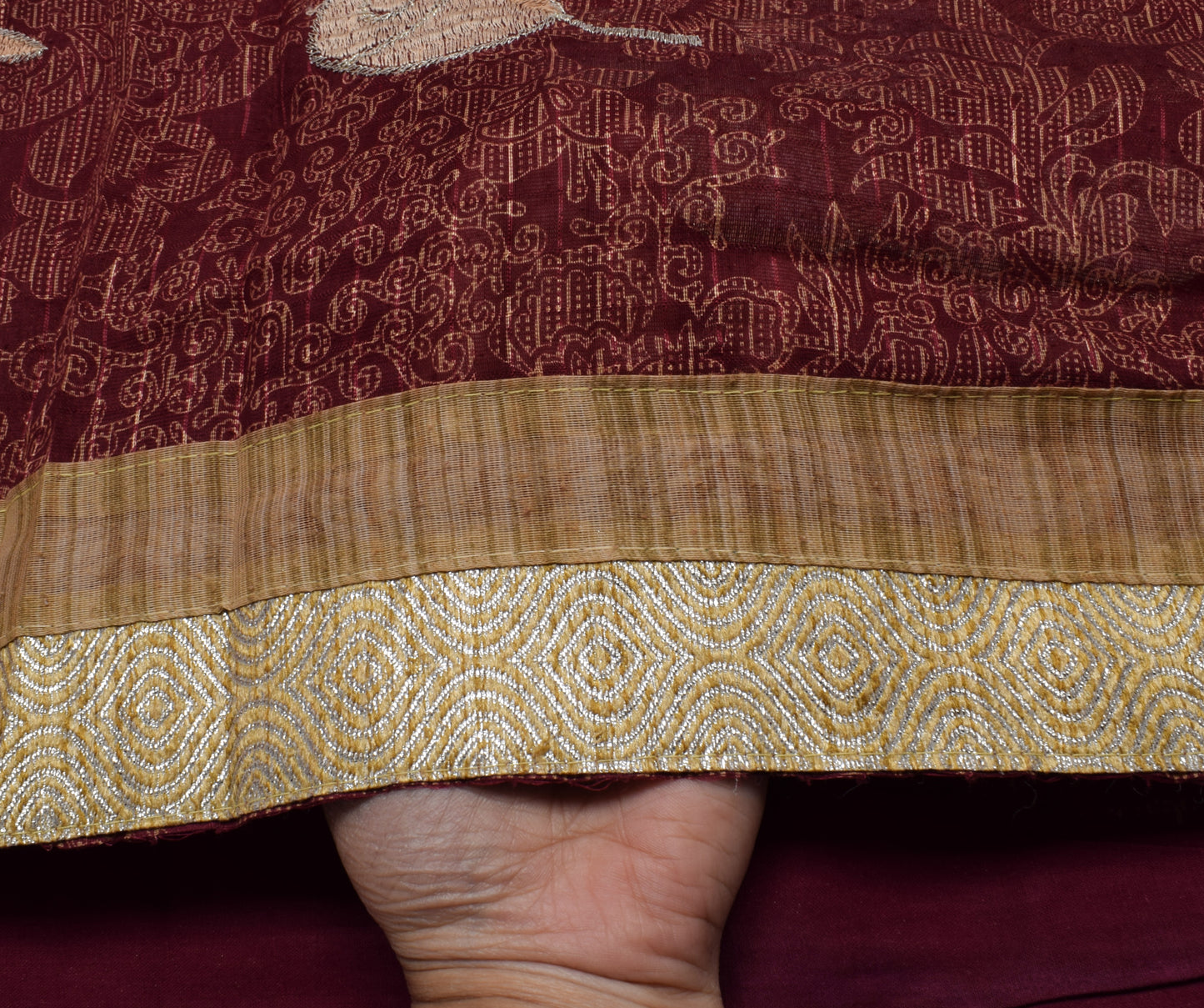 Sushila Vintage Maroon Saree Blend Cotton Printed & Embroidered Sari Fabric