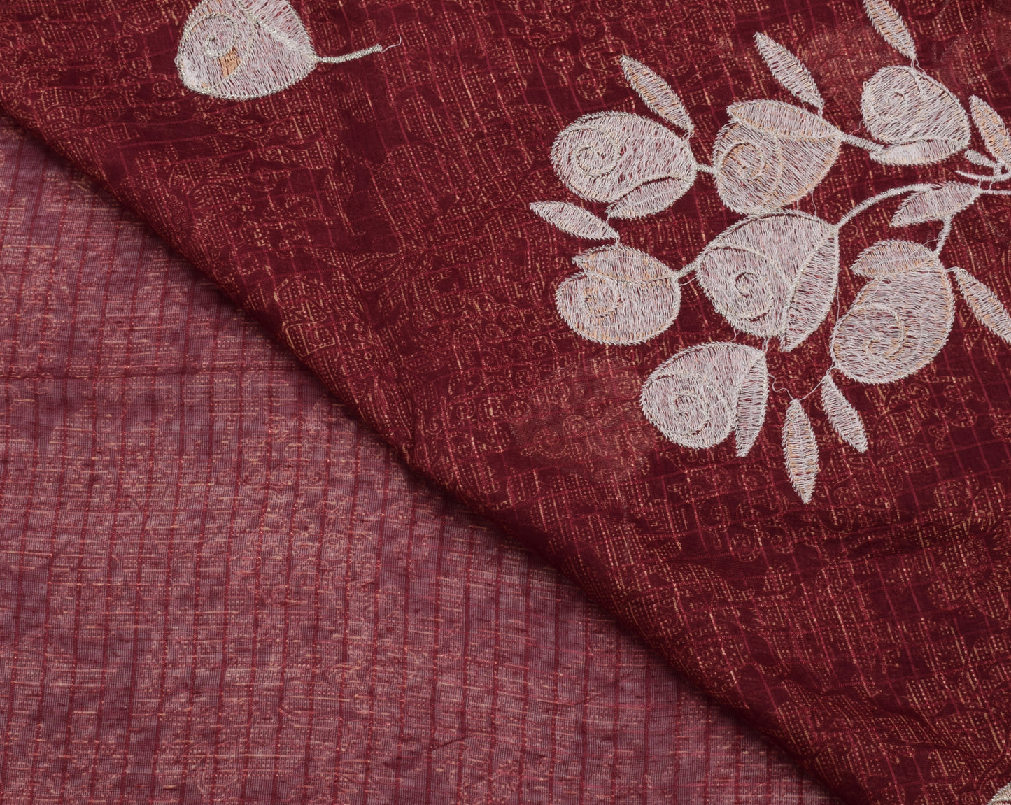 Sushila Vintage Maroon Saree Blend Cotton Printed & Embroidered Sari Fabric