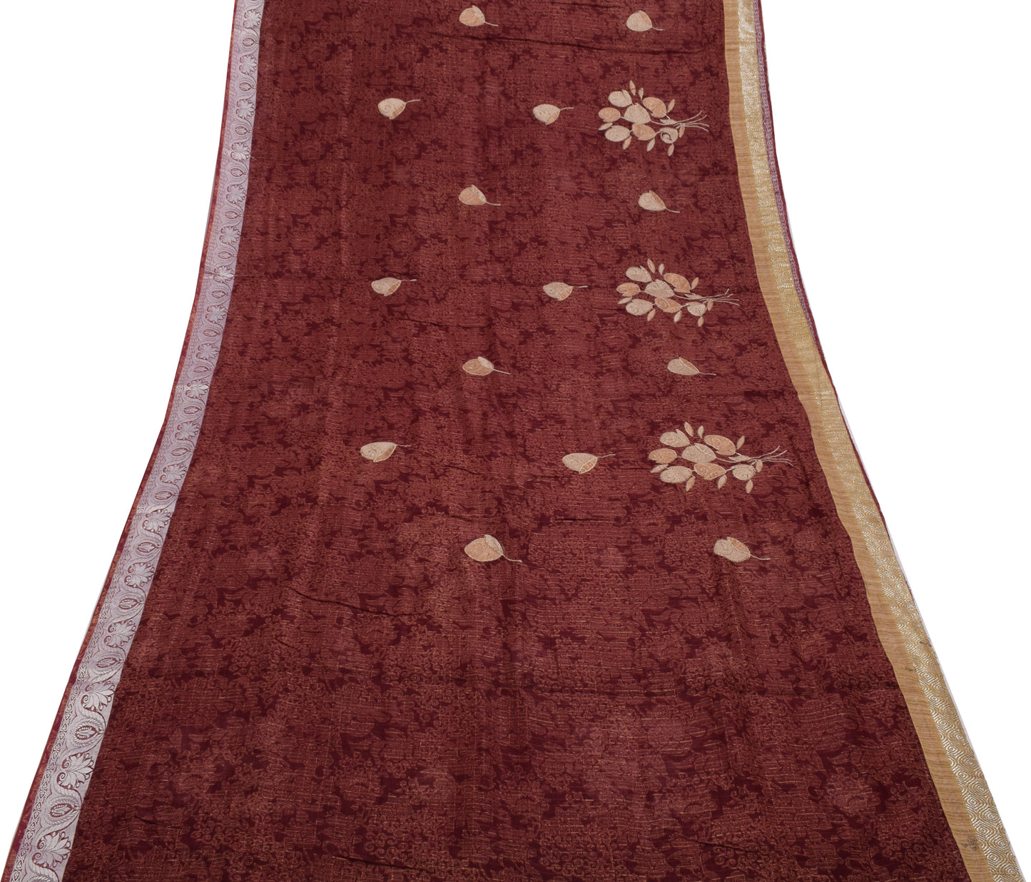 Sushila Vintage Maroon Saree Blend Cotton Printed & Embroidered Sari Fabric