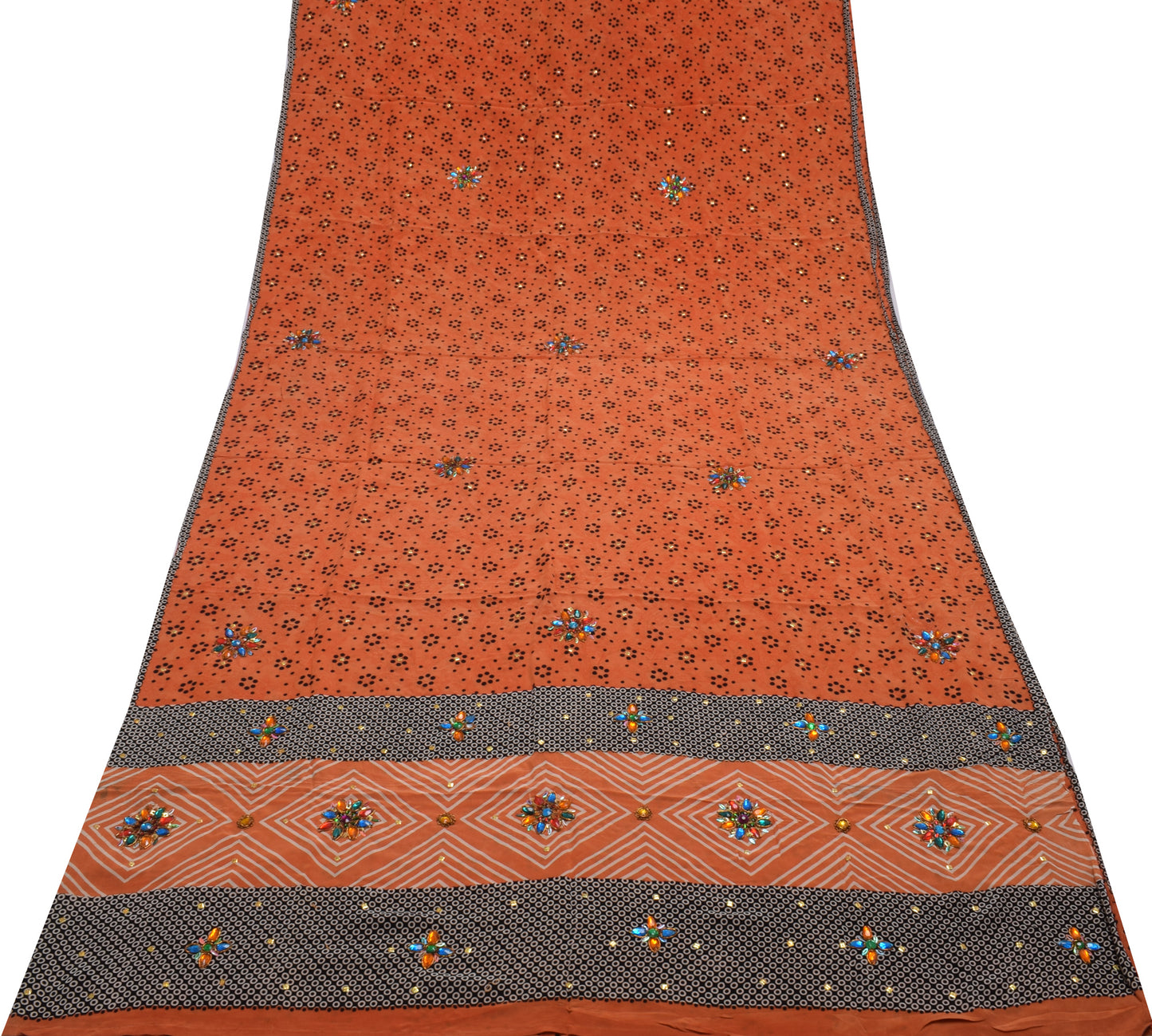 Sushila Vintage Orange Saree Pure Crepe Silk Printed Floral Sari Craft Fabric