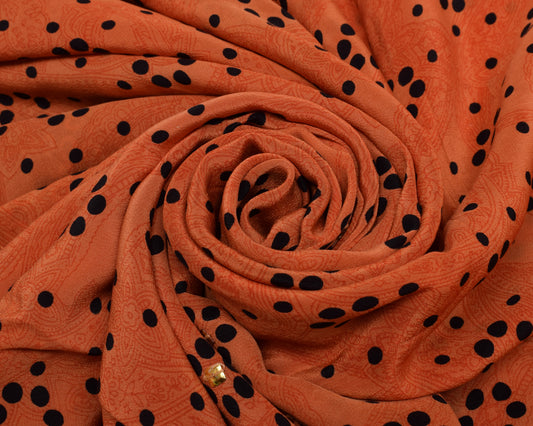 Sushila Vintage Orange Saree Pure Crepe Silk Printed Floral Sari Craft Fabric