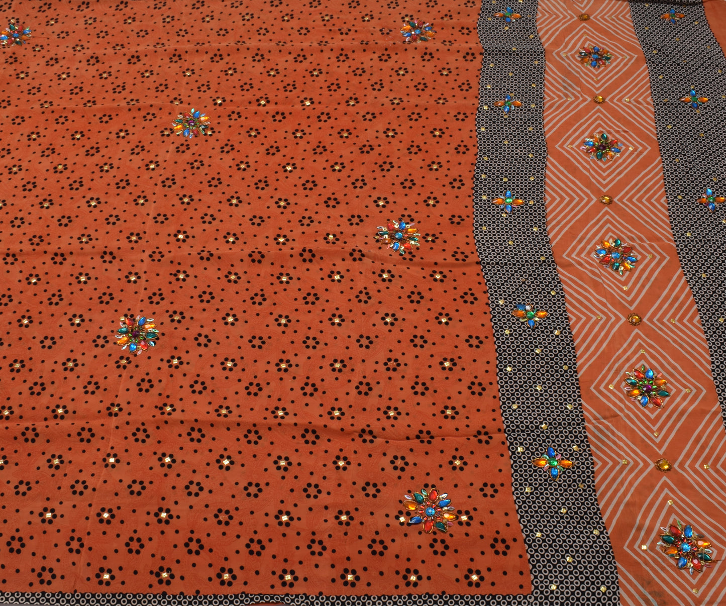 Sushila Vintage Orange Saree Pure Crepe Silk Printed Floral Sari Craft Fabric