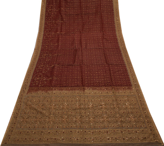 Sushila Vintage Maroon Saree 100% Pure Silk Woven Floral Sari Craft 5 YD Fabric