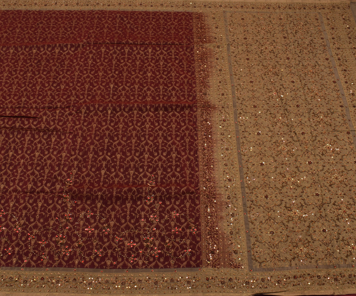 Sushila Vintage Maroon Saree 100% Pure Silk Woven Floral Sari Craft 5 YD Fabric