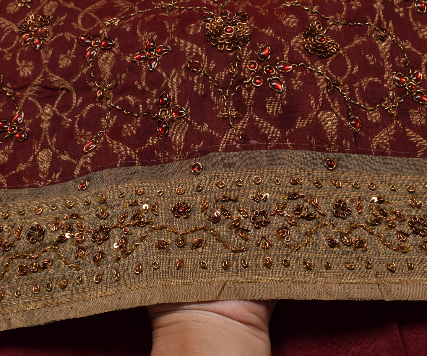 Sushila Vintage Maroon Saree 100% Pure Silk Woven Floral Sari Craft 5 YD Fabric