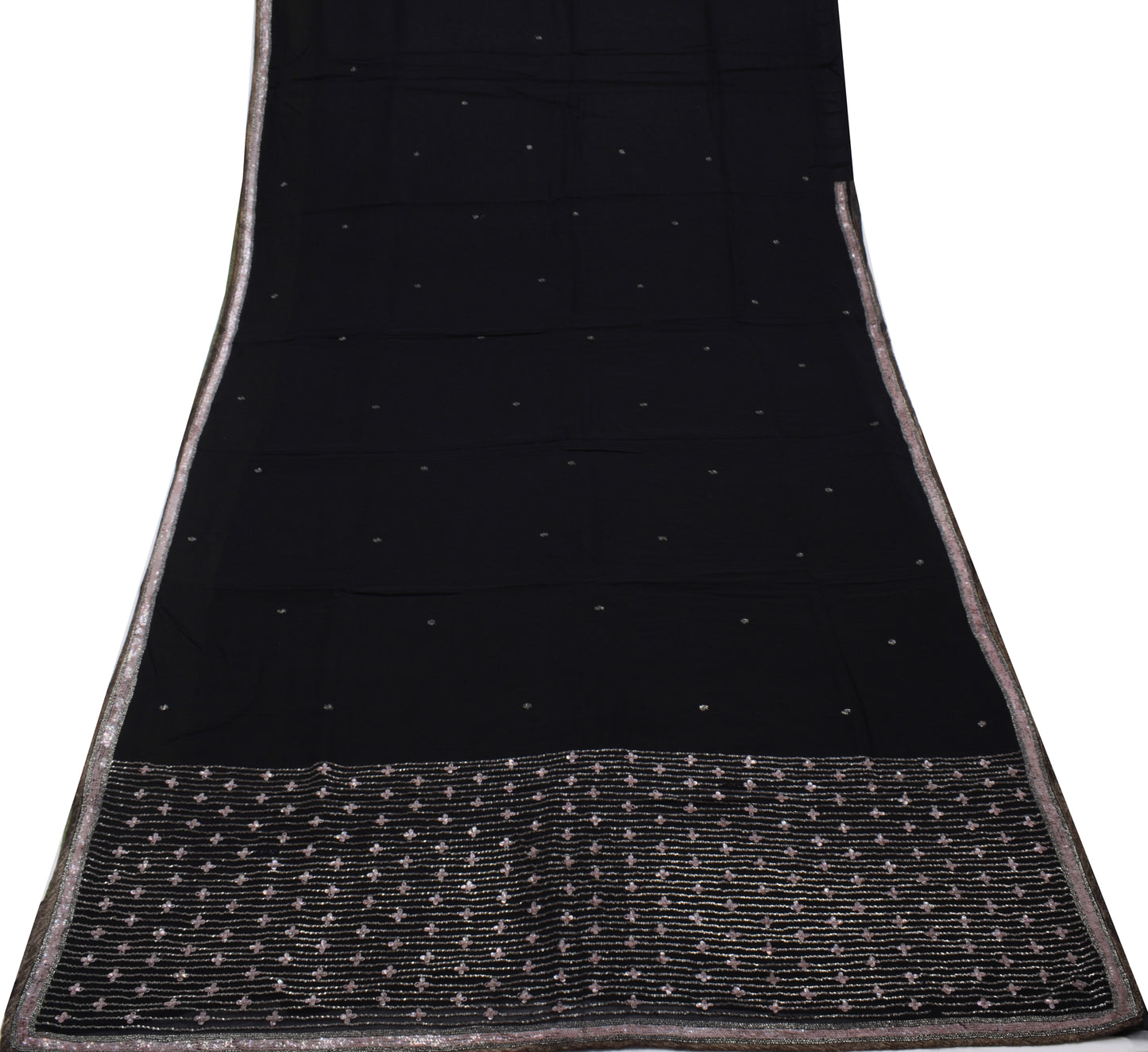 Sushila Vintage Black Saree Pure Georgette Silk Hand Beaded Sari Craft Fabric