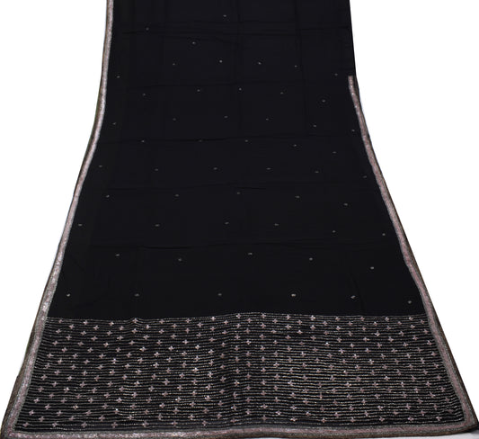 Sushila Vintage Black Saree Pure Georgette Silk Hand Beaded Sari Craft Fabric