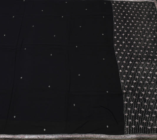 Sushila Vintage Black Saree Pure Georgette Silk Hand Beaded Sari Craft Fabric