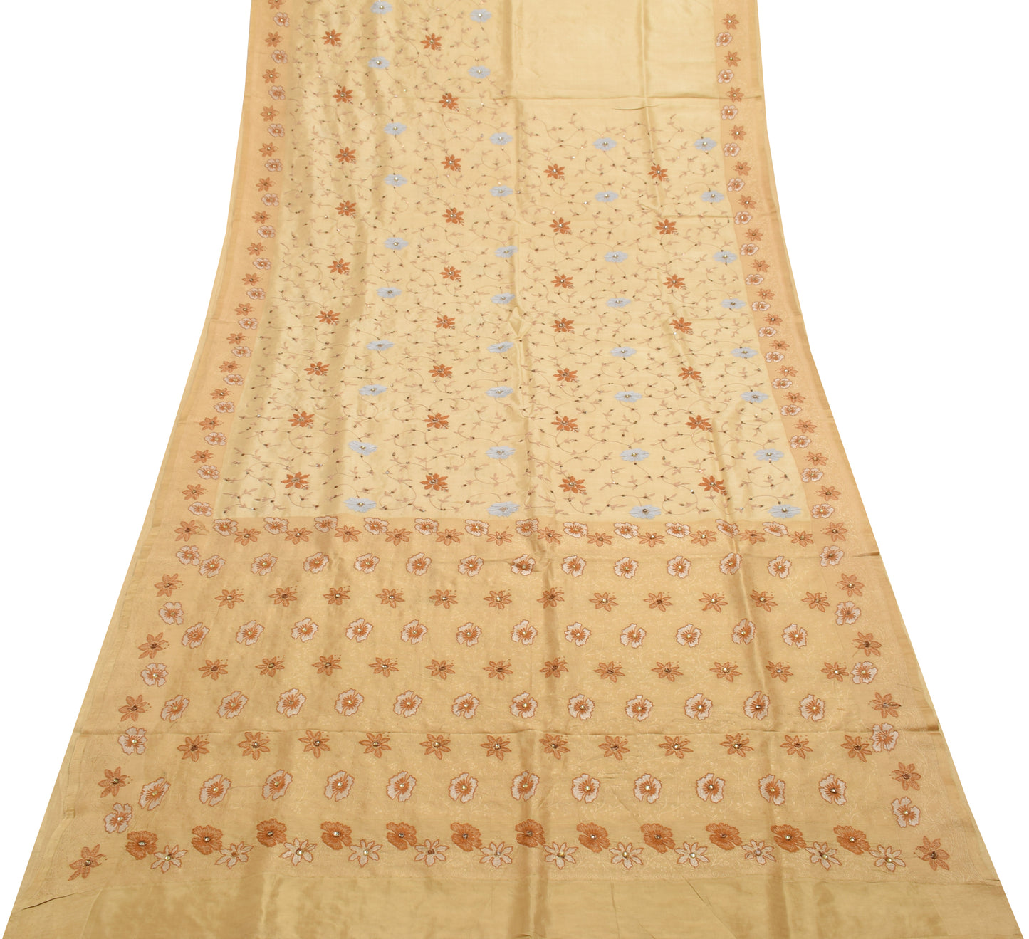Sushila Vintage Light Brown Saree 100% Pure Silk Embroidered Floral Sari Fabric