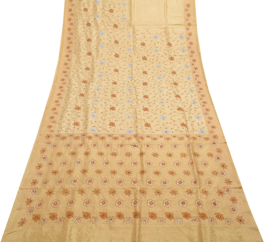 Sushila Vintage Light Brown Saree 100% Pure Silk Embroidered Floral Sari Fabric