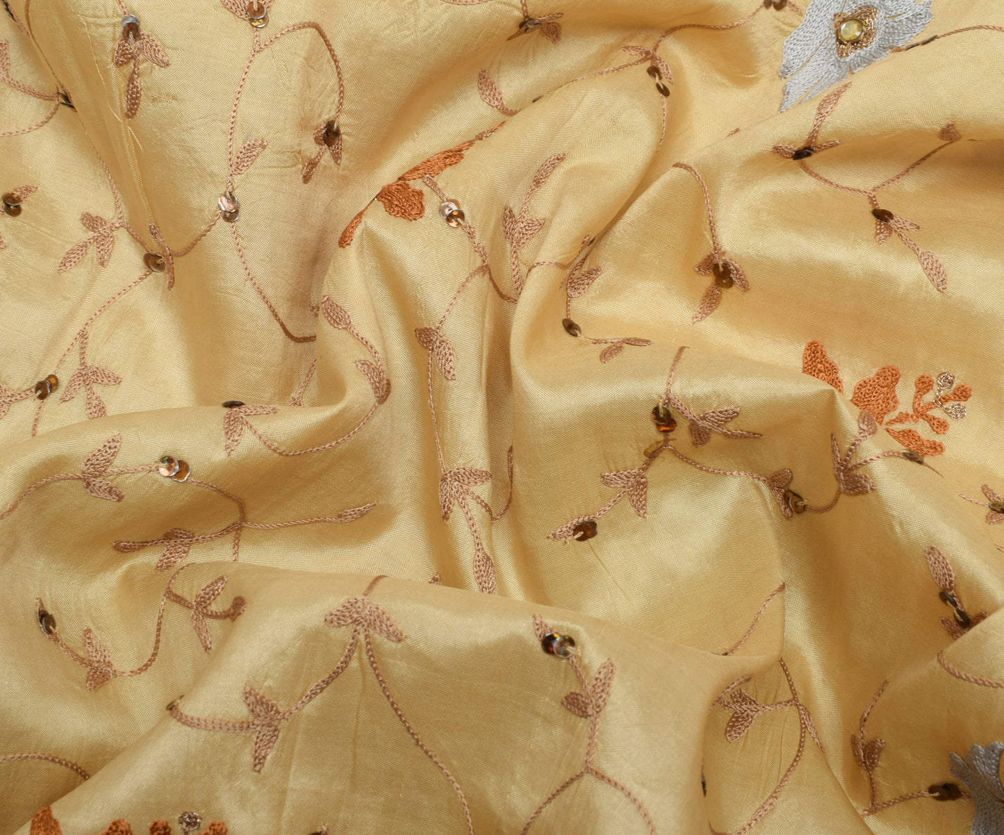 Sushila Vintage Light Brown Saree 100% Pure Silk Embroidered Floral Sari Fabric