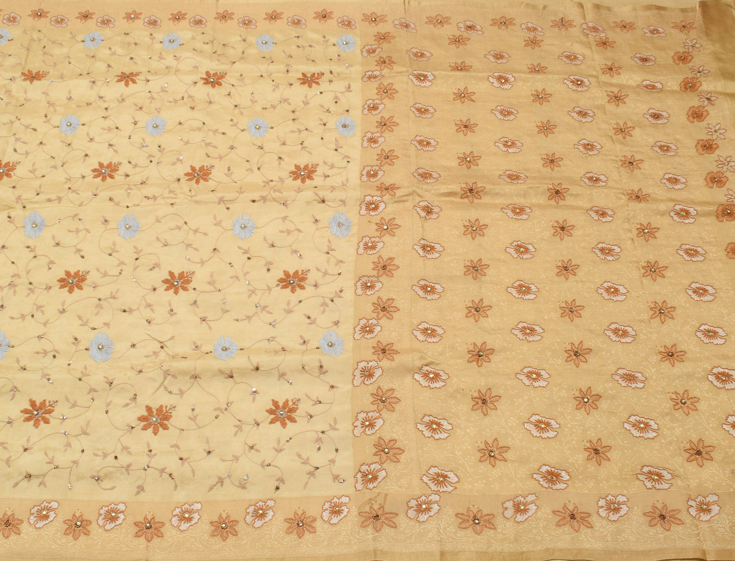 Sushila Vintage Light Brown Saree 100% Pure Silk Embroidered Floral Sari Fabric