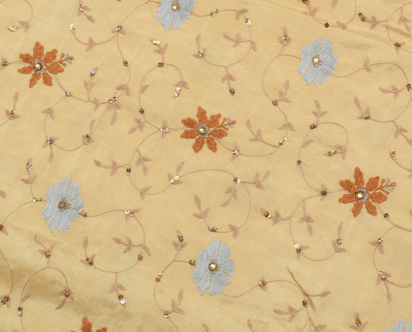 Sushila Vintage Light Brown Saree 100% Pure Silk Embroidered Floral Sari Fabric