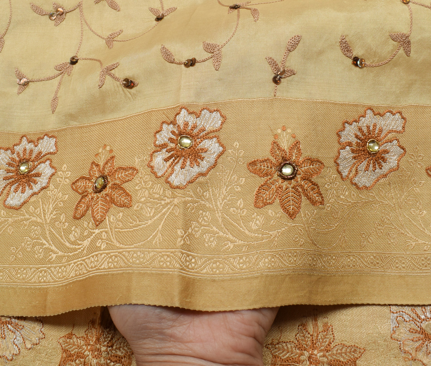 Sushila Vintage Light Brown Saree 100% Pure Silk Embroidered Floral Sari Fabric