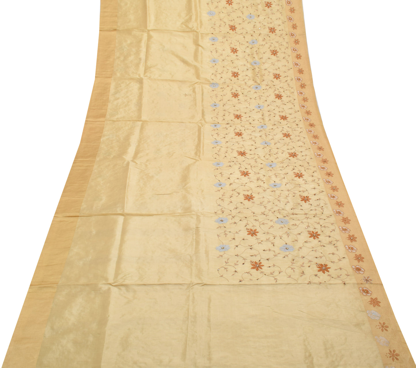 Sushila Vintage Light Brown Saree 100% Pure Silk Embroidered Floral Sari Fabric