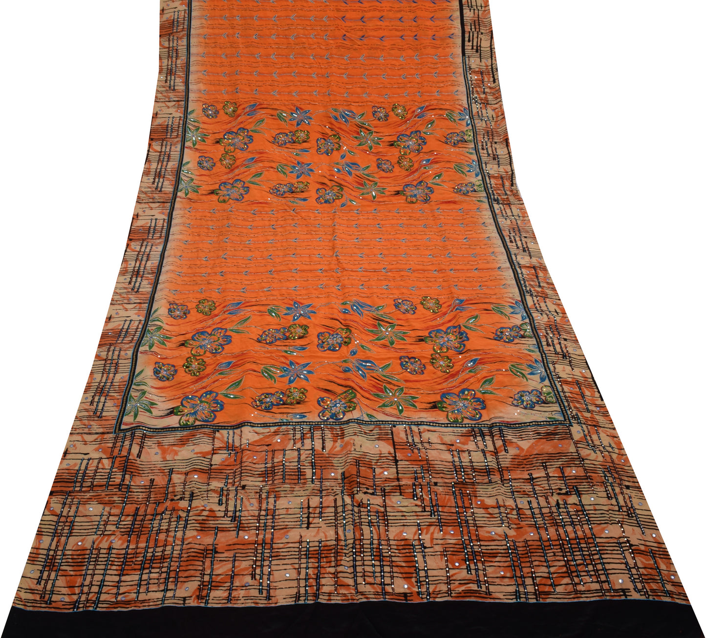 Sushila Vintage Orange Saree 100% Pure Silk Printed Floral Sari Craft Fabric