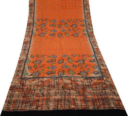 Sushila Vintage Orange Saree 100% Pure Silk Printed Floral Sari Craft Fabric