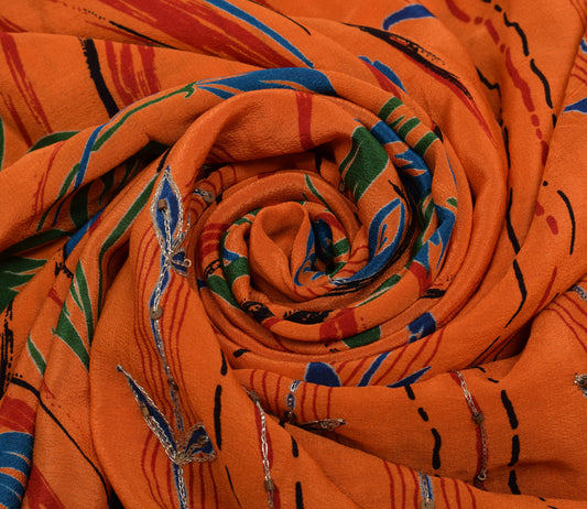 Sushila Vintage Orange Saree 100% Pure Silk Printed Floral Sari Craft Fabric