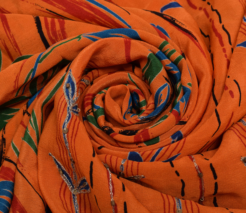 Sushila Vintage Orange Saree 100% Pure Silk Printed Floral Sari Craft Fabric