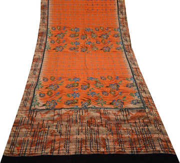 Sushila Vintage Orange Saree 100% Pure Silk Printed Floral Sari Craft Fabric