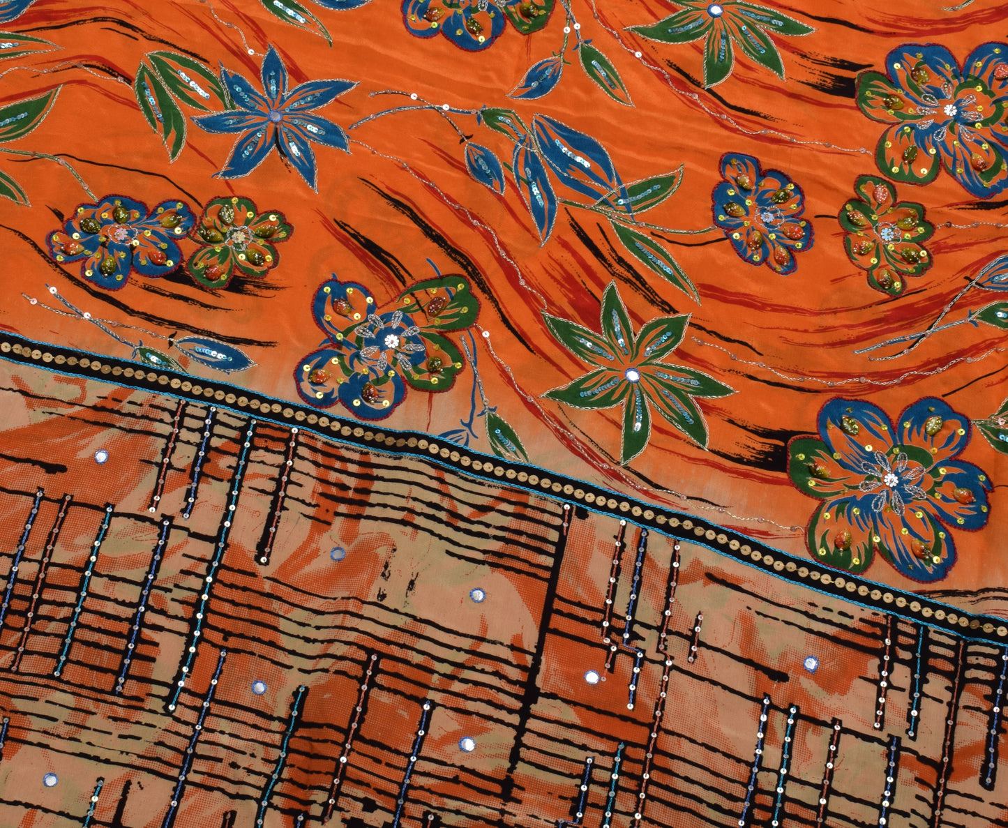 Sushila Vintage Orange Saree 100% Pure Silk Printed Floral Sari Craft Fabric