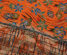 Sushila Vintage Orange Saree 100% Pure Silk Printed Floral Sari Craft Fabric