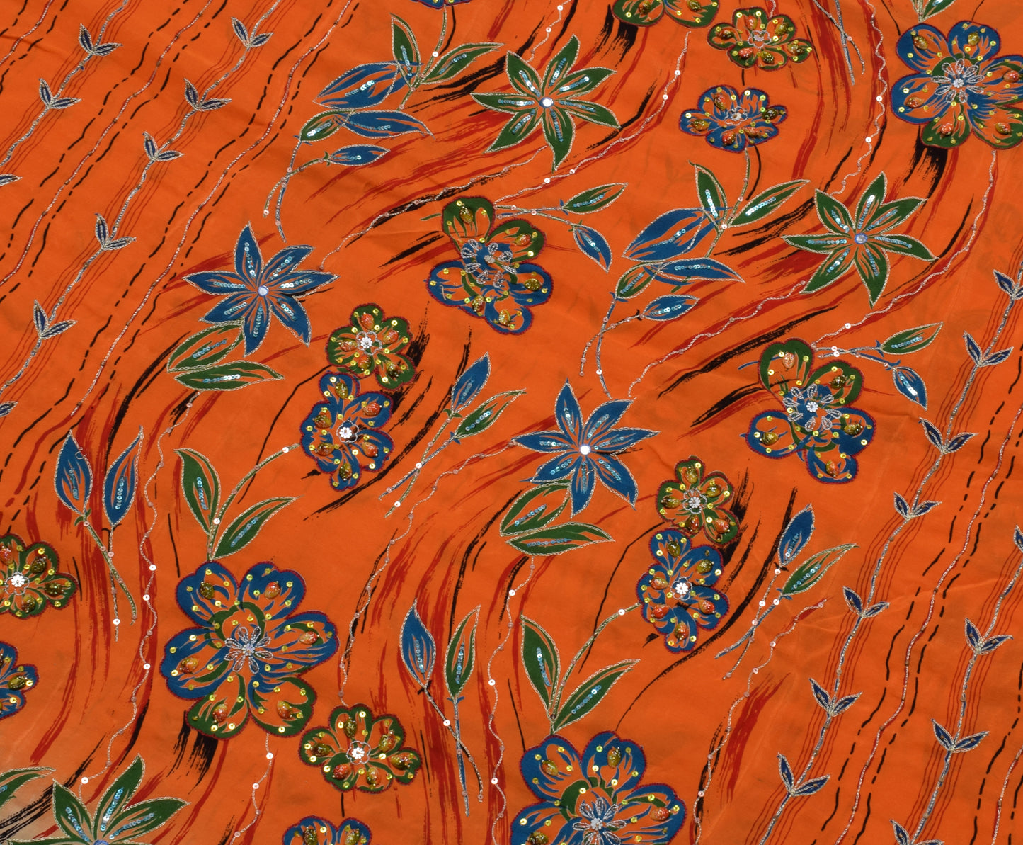 Sushila Vintage Orange Saree 100% Pure Silk Printed Floral Sari Craft Fabric