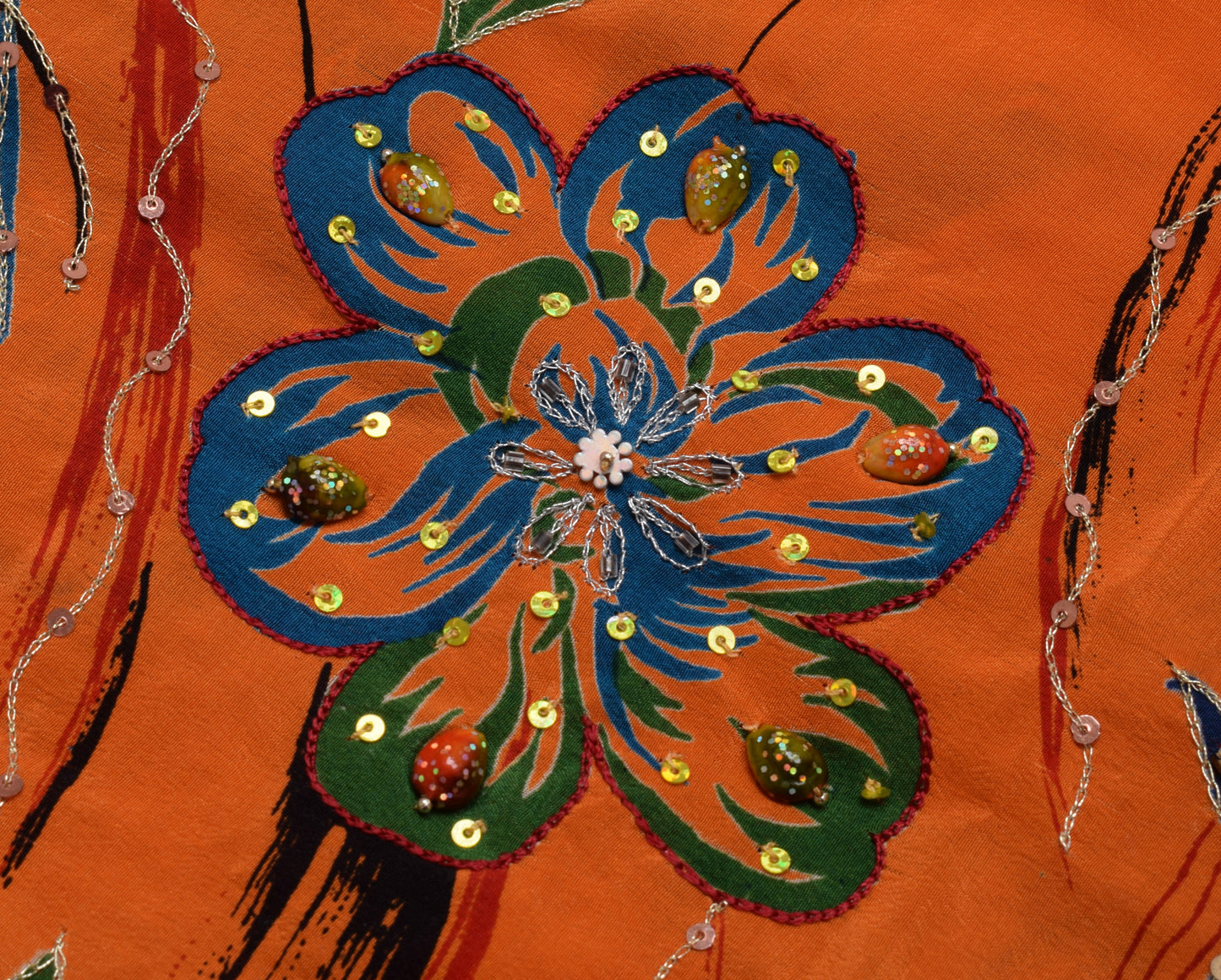 Sushila Vintage Orange Saree 100% Pure Silk Printed Floral Sari Craft Fabric