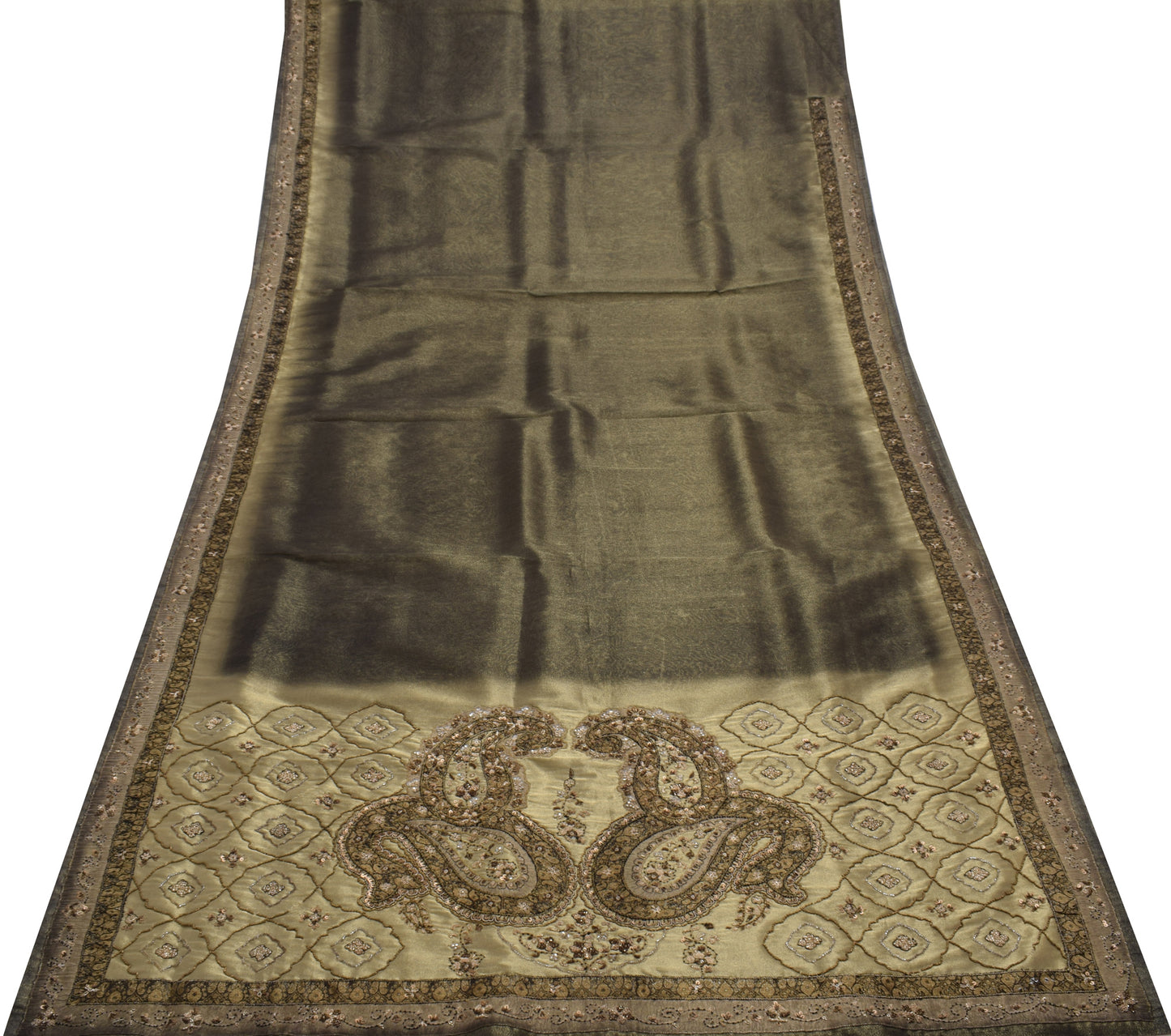 Sushila Vintage Green Saree Blend Tissue Silk Hand Beaded Sari Craft 5 YD Fabric